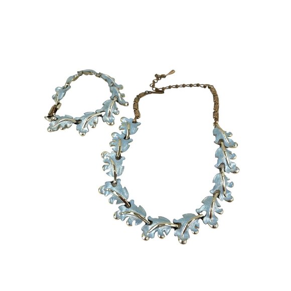 Retro Blue Leaf Enamel Necklace and Bracelet Set Parure 1950s - Picture 3 of 9